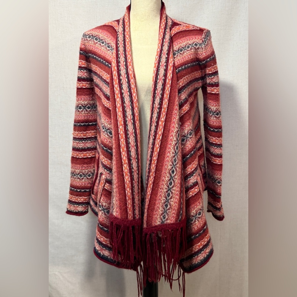 VELVET BRAND Red and Pink Striped Cardigan with Fringe, Size M, Bohemian look.